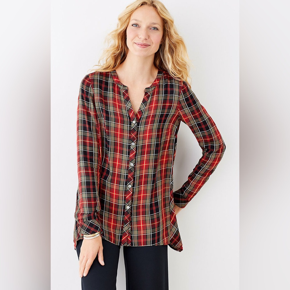 NEW J.Jill Tartan Plaid Dipped Hem Popover Button Down Shirt Red/Black XL